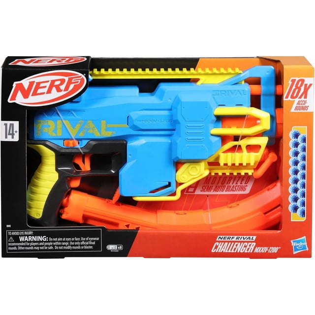 Nerf Rival Challenger MXXIV-1200 Motorized Blaster, Curved 12 Round Magazine, 18 Nerf Rival Accu-Rounds, Gifts for Teens
