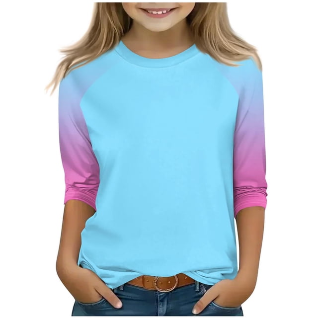 SERTG T-Shirt Mode Enfant Col Rond Manches 3/4 Imprimé Col Rond pour Été et Printemps 4-15 Ans (Bleu Clair3,5 Ans)