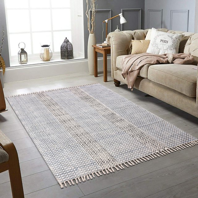 Casavani Tapis de Zone en Coton Naturel Tissé à la Main, Bleu 8x8 Pieds