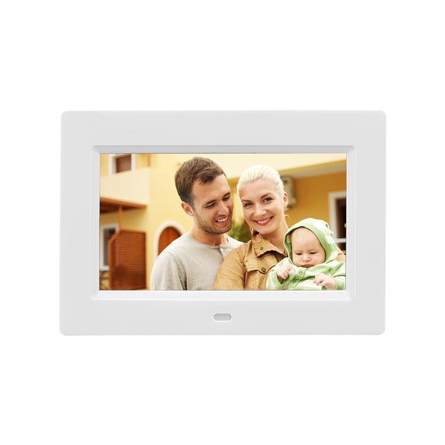 jovati Ultra-Thin Fashion High-Definition LED Electronic Photo Frame Multimedia Advertising Player 7 Inch Digital Photo Frame in white. The frame features a 7-inch LED LCD screen with 800x480 resolution, built-in stereo speakers, and supports JPEG, MP3, and MP4 formats. It includes functions like picture browsing, background music, clock, alarm, and remote control. The frame is made of plastic, measures 20.3x14.2cm, and comes with a stand, remote control, and power supply.