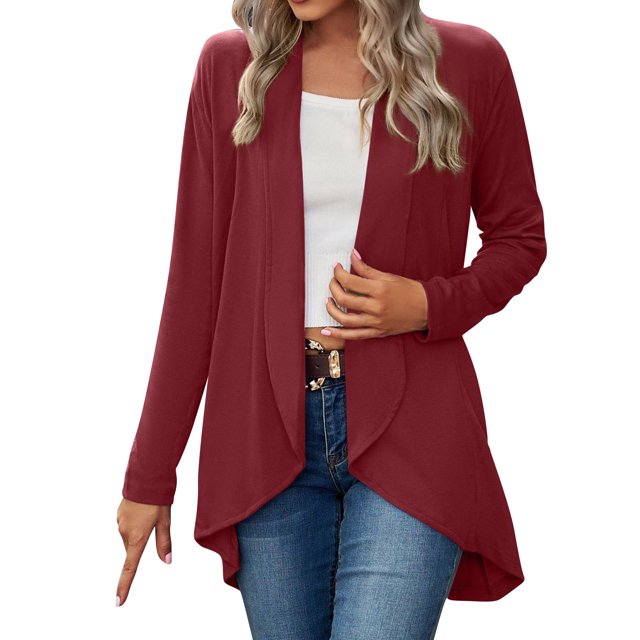 Pxiakgy Womens Open Front Cardigan Long Sleeve Knit Sweater Outwear With Pockets Red + L
