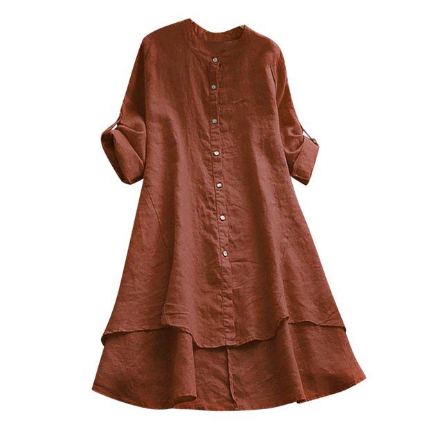 Pompotops Chemise Longue Décontractée d'Été pour Femmes, Col Rond, Ample, Couleur Unie, Boutonnée, Manches Longues, Blouse, Liquidation