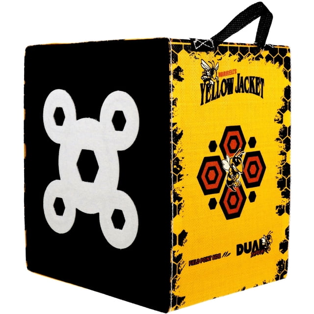 Morrell Veste Jaune à Double Menace Cible de Tir à l'Arc en Mousse 380 FPS Bloc pour Tous les Arcs. un cube de Cible de Tir à l'Arc en Mousse Autoportant avec un design Jaune et Noir Présentant Plusieurs bullseyes et un Graphique d'Abeille. Comprend une Poignée de Transport Fourre-Tout E-Z pour la Portabilité. Conçu pour les Arbalètes et les Arcs Composites, Il Arrête les Vitesses jusqu'à 380 FPS et Prend en Charge les points de Terrain, les Lames Fixes et les Mécaniques. surface Résistante aux Intempéries pour