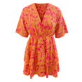 thumbnail image 4 of Robe Courte à Imprimé Floral pour Femmes, Plissée, Col en V, Cordon de Serrage, Taille Élastique, à Volants, Superposée, Robe Courte, 4 of 5