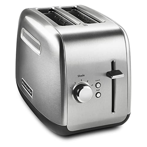 KitchenAid® 2-Slice Toaster with manual lift lever in brushed stainless steel, featuring two extra-wide slots, adjustable shade control with five settings, a cancel button, and removable crumb tray, suitable for toasting bagels, frozen breads, and various bread types.