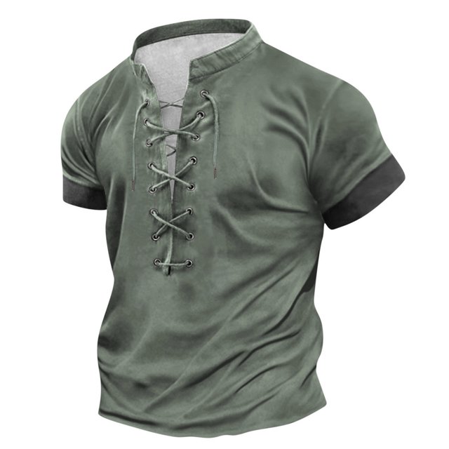 Birdeem T-Shirt Vintage à Lacets Manches Courtes Col Rabattu Patchwork pour Hommes