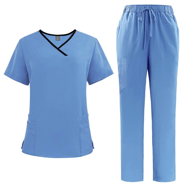 Ensemble de Sarrau Jogger 2 Pcs pour Femmes, Uniformes d'Infirmière Classiques et Tendance, Hauts à Manches Courtes à Encolure Croisée et Pantalons, Uniforme Médical, Bleu Ciel, TTG
