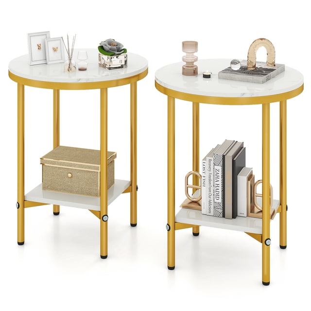 Gymax 2-Tier Round Side Table Set of 2 16'' Faux Marble End Table w/ Storage Shelf