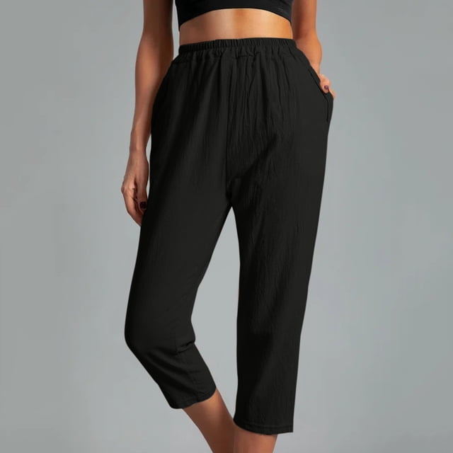 LSLJS Women Casual Solid Color Pockets Elastic Waist Comfortable Straight Calf-Length Pants