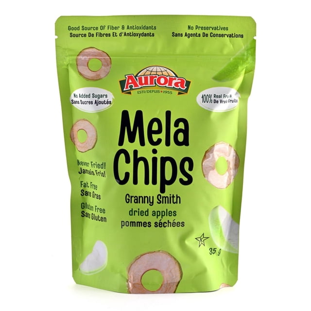 Mela Chips Granny Smith Dried Apples in a green resealable pouch by Aurora, showing whole dried apple rings with no added sugars, no preservatives, fat free, gluten free, and never fried, weighing 35 g, ideal as a fiber-rich snack or for adding to trail mixes.