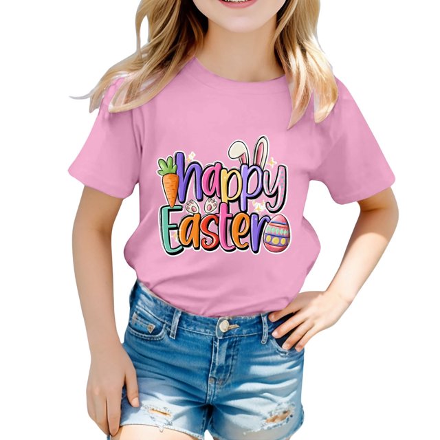 PMVFHDE T-Shirt Graphique à Manches Courtes Imprimé Lapin de Pâques pour Enfants, Col Rond, Décontracté, Printemps Été, Rose, 10-11 Ans