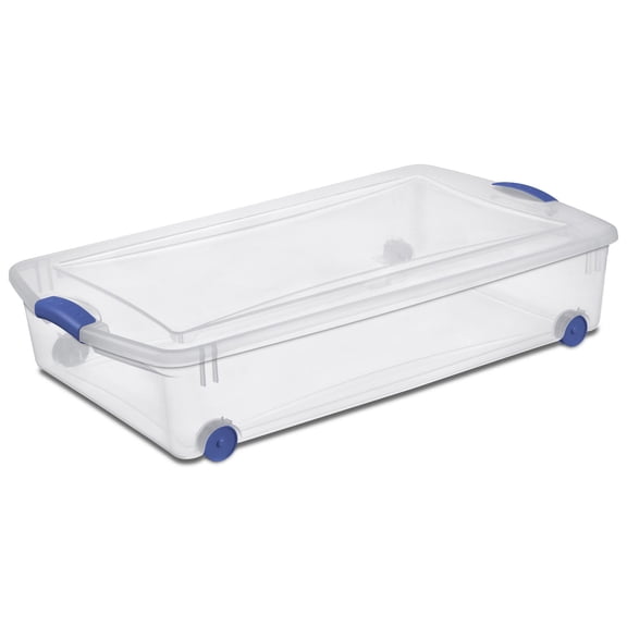 Sterilite Boîte à loquets de 47 L avec roues, boîte de rangement en plastique transparent avec couvercle et loquet bleu
