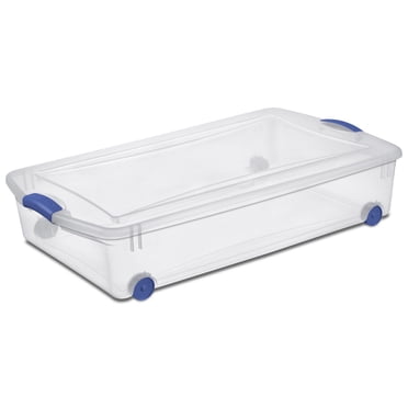 Sterilite Boîte à loquets de 47 L avec roues, boîte de rangement en plastique transparent avec couvercle et loquet bleu