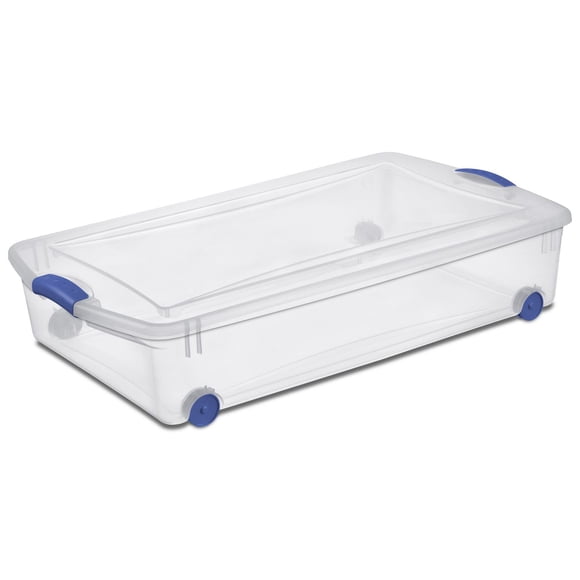 Sterilite 47 Liter Wheeled Latch Box, Small Clear Plastic Storage Bin with Lid, Blue Latch