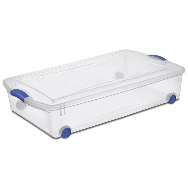Sterilite 47 Liter Wheeled Latch Box, small clear plastic storage container with lid and blue latches, rectangular with recessed lid for stacking, clear base and lid for easy content viewing, equipped with four blue wheels for smooth sliding, suitable for organizing closets, bedrooms, and dorms, also ideal for storing seasonal clothing or extra shoes.