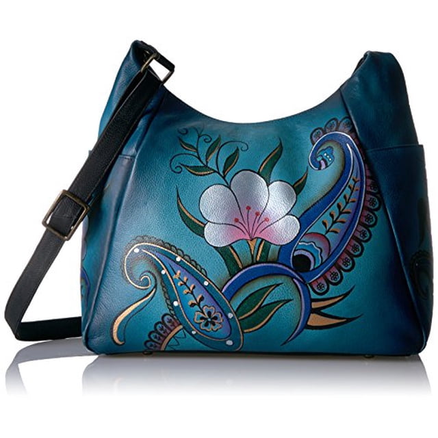 Anna By Anuschka Handpainted Large Multi Pocket Hobo,Denim Paisley Floral, DPF