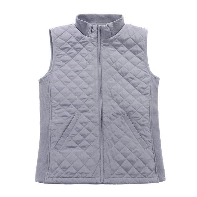 Bienzoe Women Casual Quilted Sleeveless Light Weight Vest Stretch Rib Gray S