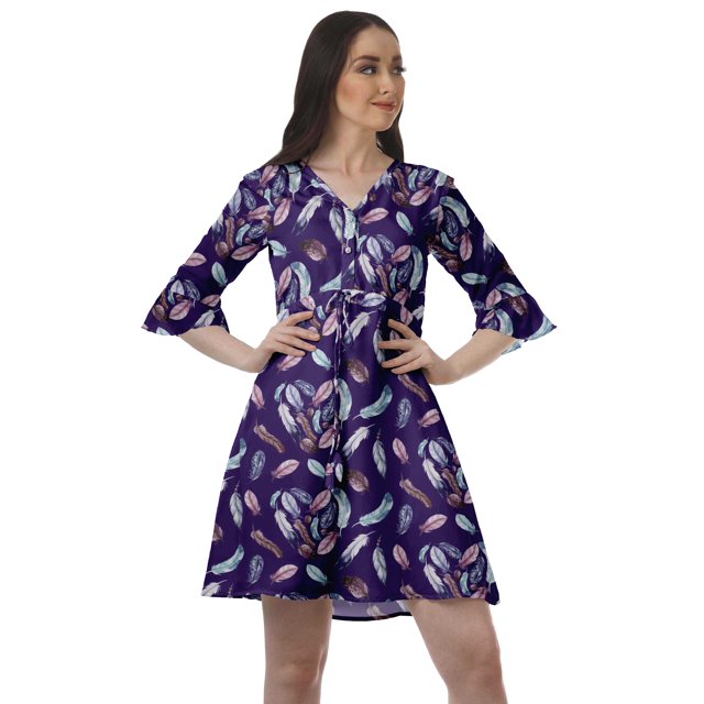 Moomaya Poly Crepe Casual Dresses Women Printed V Neck Drawstring Mini Dress