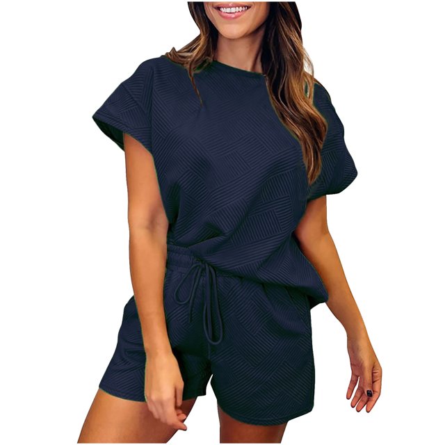 Mikilon Ensemble de Sport Confortable pour Femmes Couleur Unie Nouvelle Mode Décontractée Haut à Manches Longues et Shorts Ensemble de Haut/chemise à Col Rond à Manches Courtes Mode et Confortable Marine TP