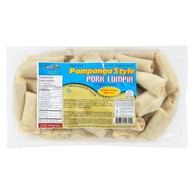 Napakasarap Pampanga Style Frozen Pork Lumpia SH Mini Cut 908g package with uncooked mini pork egg rolls in clear plastic, featuring a blue label with nutrition facts, cooking instructions for deep frying at 165°F for 4-5 minutes, and product details, suitable as frozen appetizers or snacks.