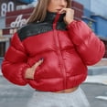thumbnail image 2 of FAIWAD Puffer Jacket for Womens Long Sleeve High Neck Zip Up Patchwork Short Warm Down Coat, 2 of 6