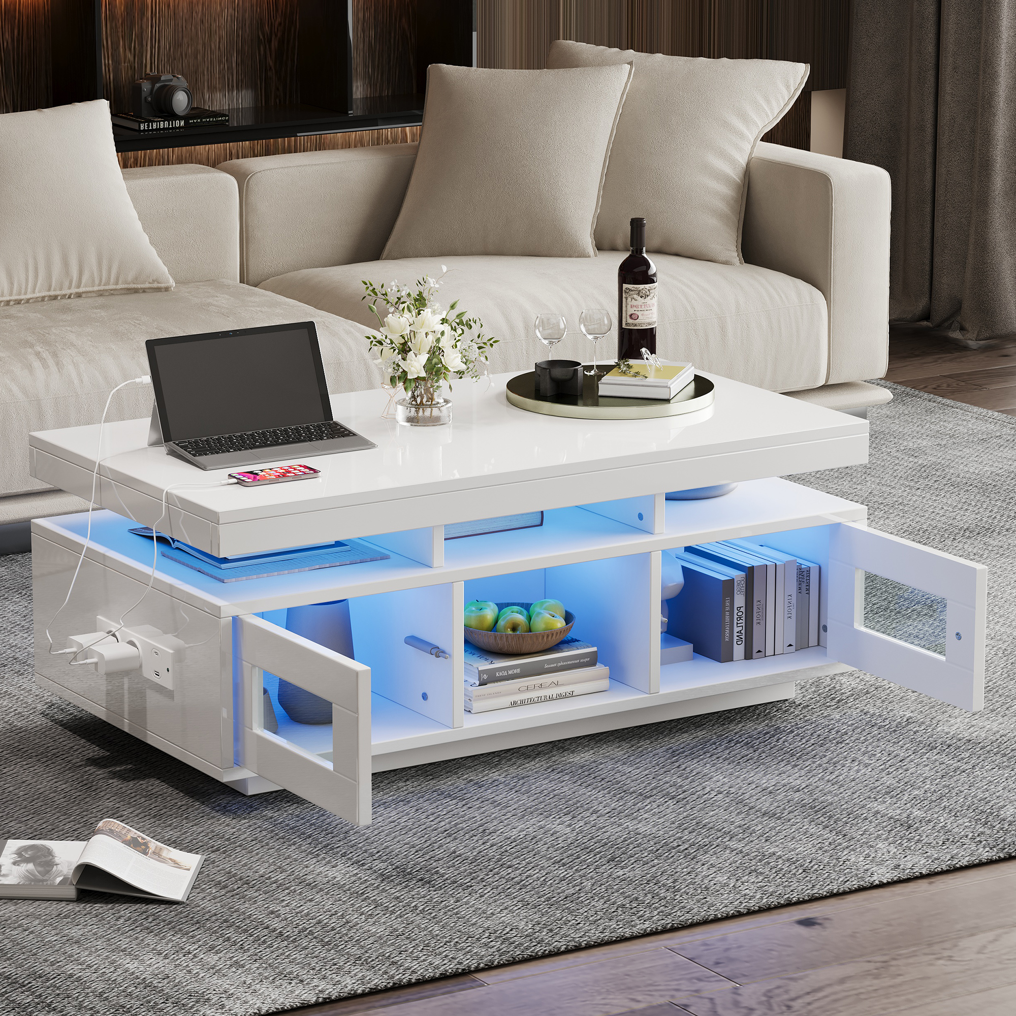Noble House Table basse haute brillance avec lumières LED, Ports et prises USB, Centre 2 portes et Table d’appoint canapé, blanc