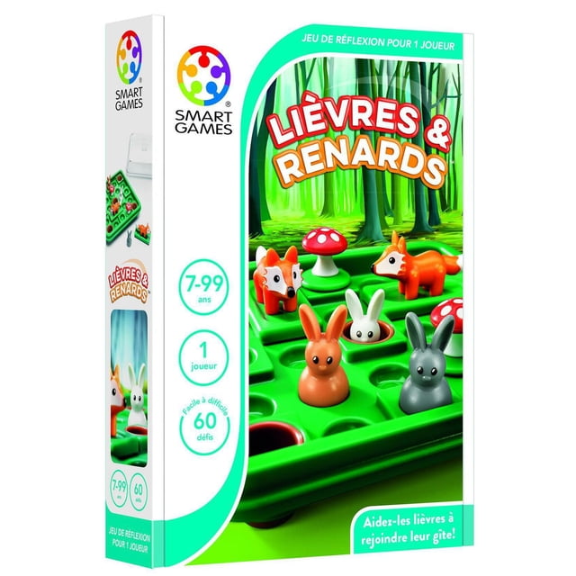 Smart Games Lièvres et Renards Jeu de Voyage Français avec Plateau de Casse-Tête Vert Présentant des figurines de Lapin et Renard orange et Gris et des Pièces de Champignon, Offrant 60 Défis Progressifs pour Développer des Habiletés Déductives pour 1 Joueur de 7 à 99 Ans.