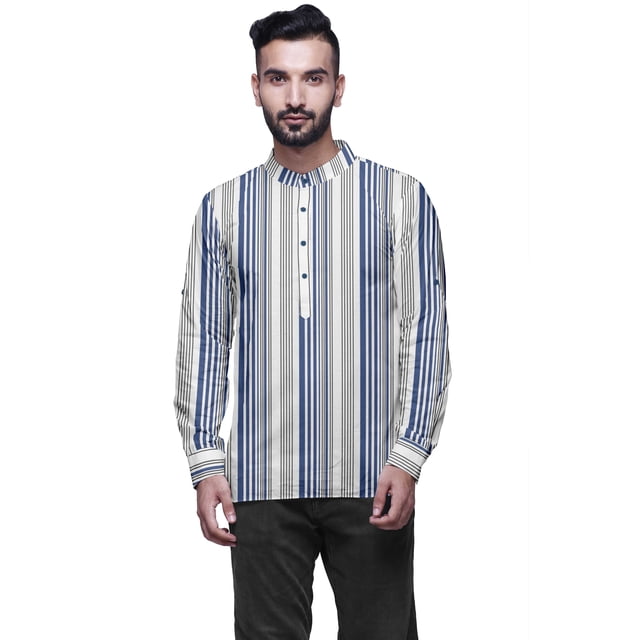 Atasi Kurta en Coton à Manches Longues à Revers pour Hommes Col Mandarin Chemise Ethnique Imprimée