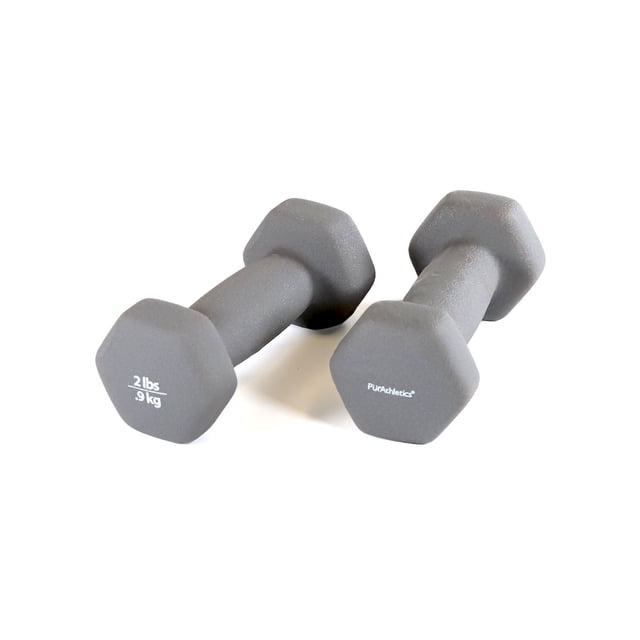 PurAthletics Ensemble de 2 Haltères Hexagonaux Gris 2x2 Lb Revêtus de Néoprène avec surface Antidérapante, Idéal pour l'Entraînement de Force et l'Utilisation à la Maison, Illustré par une Vue avant Inclinée sur Fond Blanc.
