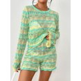 thumbnail image 2 of FOCUSNORM Women 2 Pieces Fall Shorts Outfits Stripe Patchwork Crew Neck Long Sleeve Sweater Knit Tops Shorts Clothes Set, 2 of 8