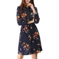thumbnail image 1 of Allegra K Robe-Chemise à Fleurs pour Femme à Revers, Boutonnée, Ceinturée, S Bleu Foncé, 1 of 8
