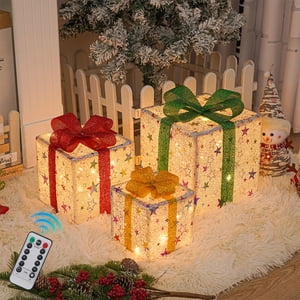 PEONAVET Boîtes à lumière de Noël Ensemble de 3 Boîte cadeau Décorations d'extérieur de Noël Light Up Boîte cadeau Décor pour Garden Yard Décorations de fête