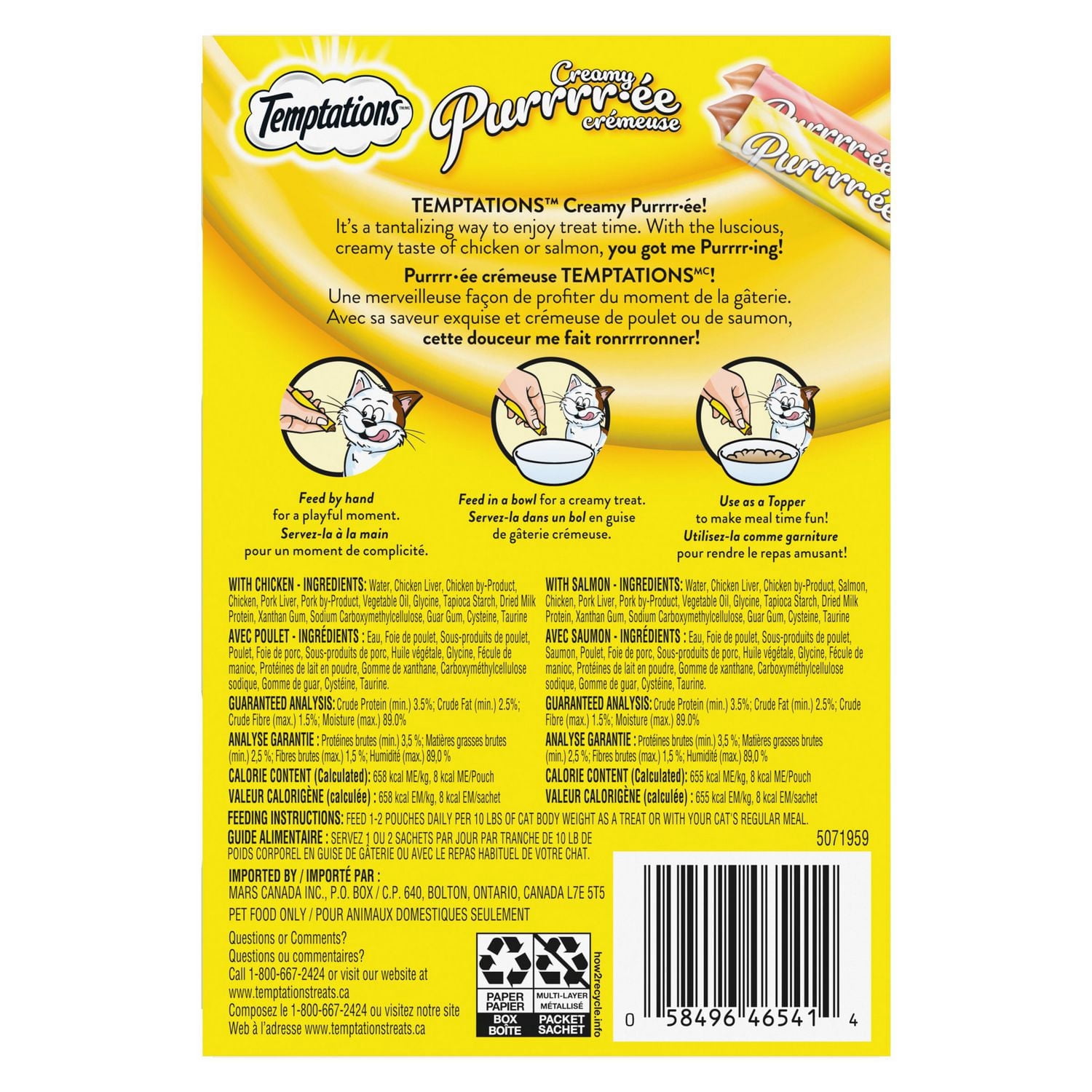 Gâteries pour chats TEMPTATIONS PURRRR-ÉE CRÉMEUSE avec poulet et avec saumon, boîte de 192 g contenant 16 sachets de 12 g