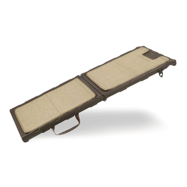 Gen7Pets 42" Indoor Mini Carpet Ramp with foldable brown frame and two beige carpet tread panels, soft rubber handle grip, and rubber grippers on both ends for secure placement, designed for indoor use and dogs up to 200 lbs.