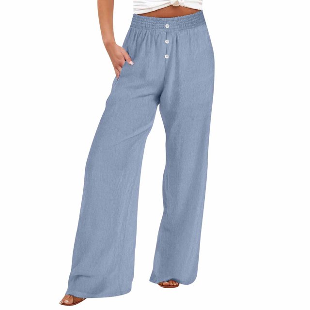 Timegard Womens Wide Leg Pants Summer Elastic High Waisted Button Lightweight Casual Pants with Pockets