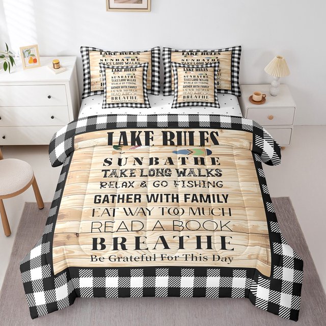 YST Lake Rules 7-Piece Comforter Set, Black and White Buffalo Grid Patchwork, Twin Size