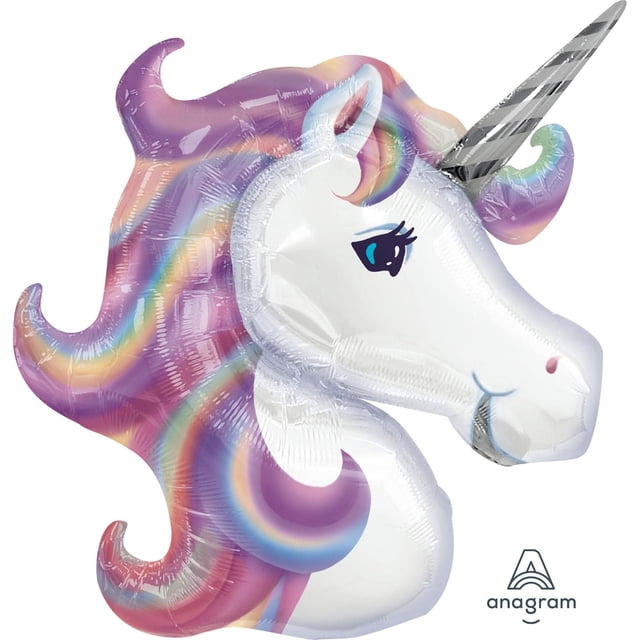Anagram International Party-Eh! Pastel Unicorn Balloon with a front-facing foil unicorn head featuring a silver striped horn, white face, and pastel rainbow mane in purple, pink, and blue, perfect for party decorations and celebrations.