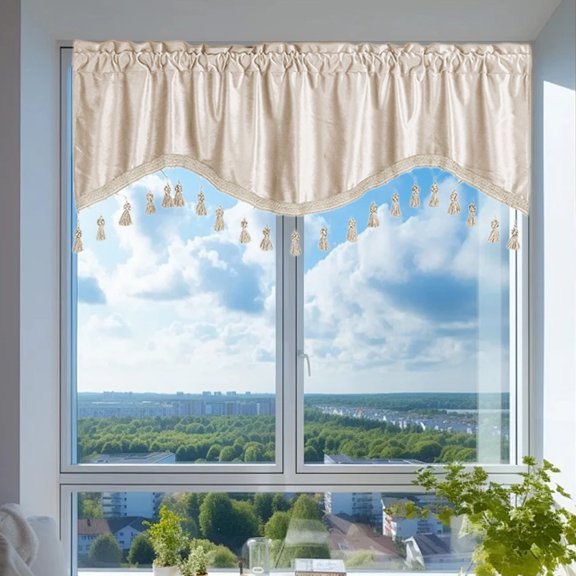 Fringed Window Curtain Panels for Living Room Short Rod Pocket Drapes with Tassel Trim 52x18 Inch Solid Color Polyester Curtains for Kitchen Bedroom Home Decor Easy Install Valance Style