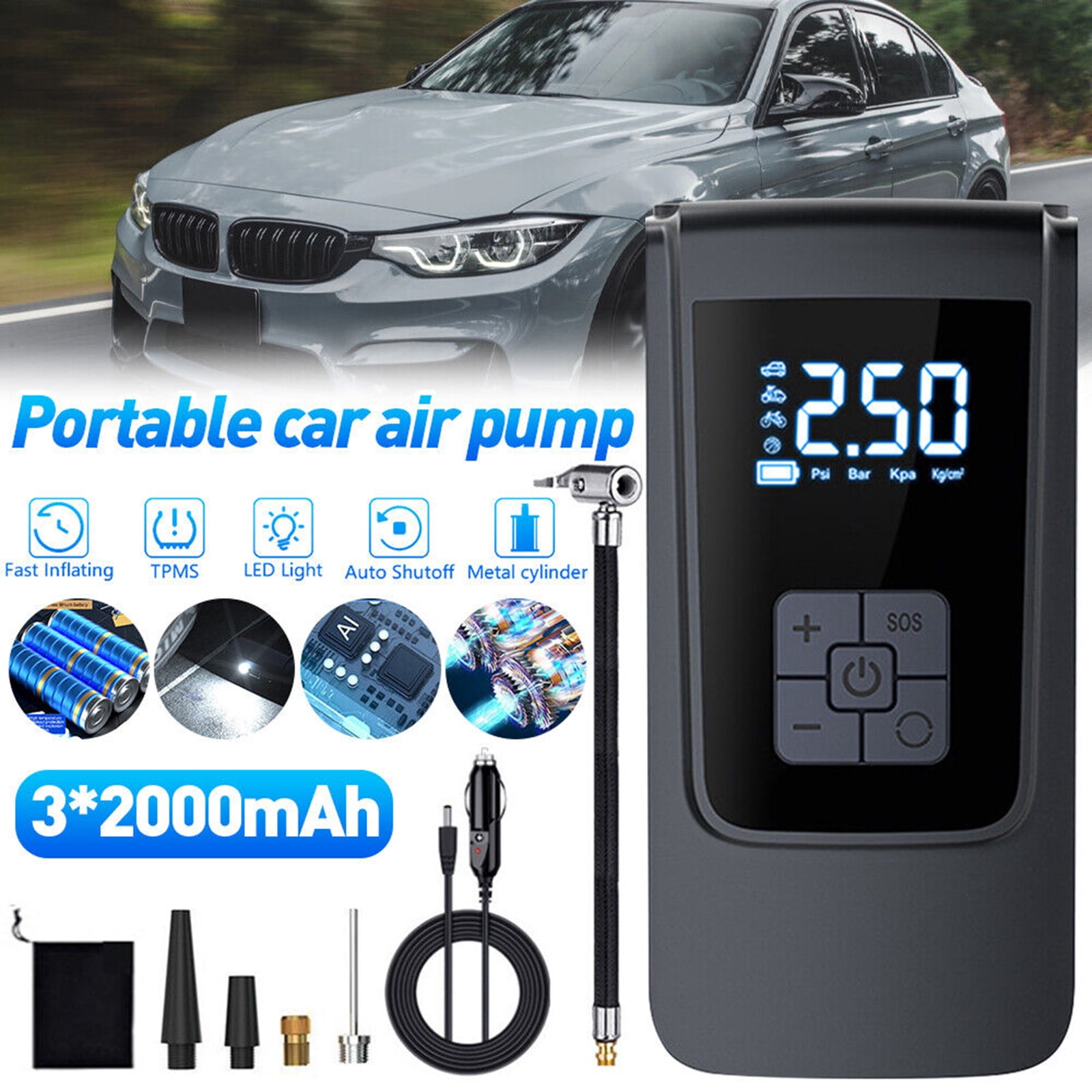 TopOne Tire Inflator Portable Air Compressor 6000mAh Cordless DC12V 150PSI Powerful Tire Air Pump with Light Digital Display