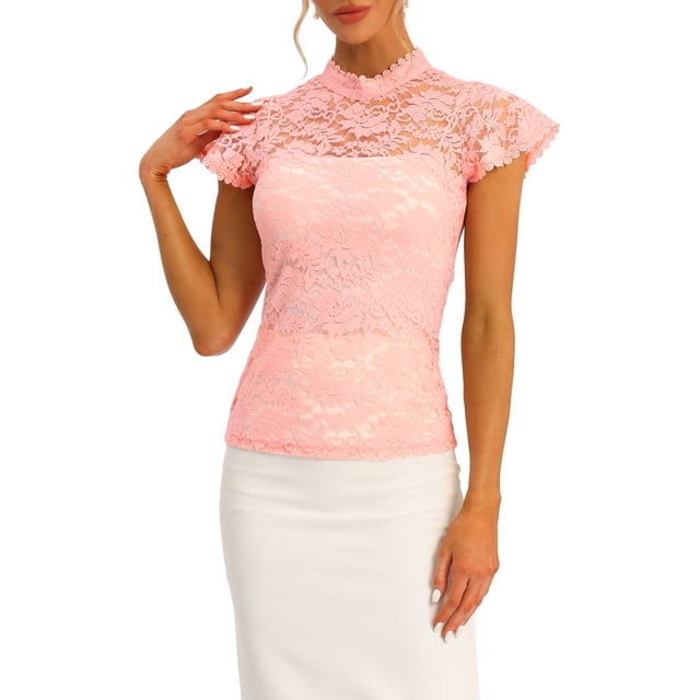 INSPIRE CHIC Women's Keyhole Back Top Short Sleeve Stand Collar Semi Sheer Blouse S Pinks