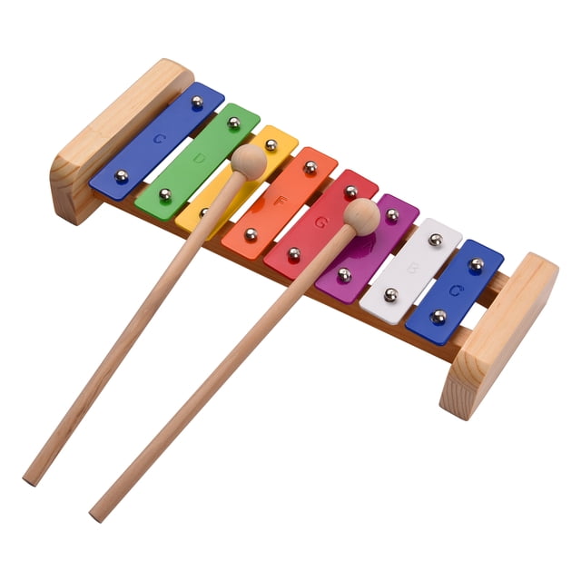 Wood Pine Xylophone with 8 colorful aluminum plates in C key, designed for toddlers and kids. The xylophone features a sturdy pine wood frame and includes two wooden mallets. Each plate is labeled with its corresponding musical note, offering a vibrant and educational musical experience. Dimensions are 27 x 12 x 3 cm (10.6 x 4.7 x 1.2 inches), and it weighs 247g (8.7oz).