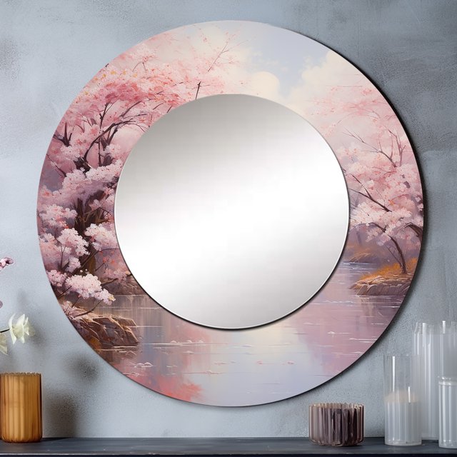 Designart "Pink Cherry Blossom love expression IV" Cherry Blossom Pink Large Round Mirror - Round Mirror Wall Décor - Traditional Round Printed Mirror 29" x 29" Inch