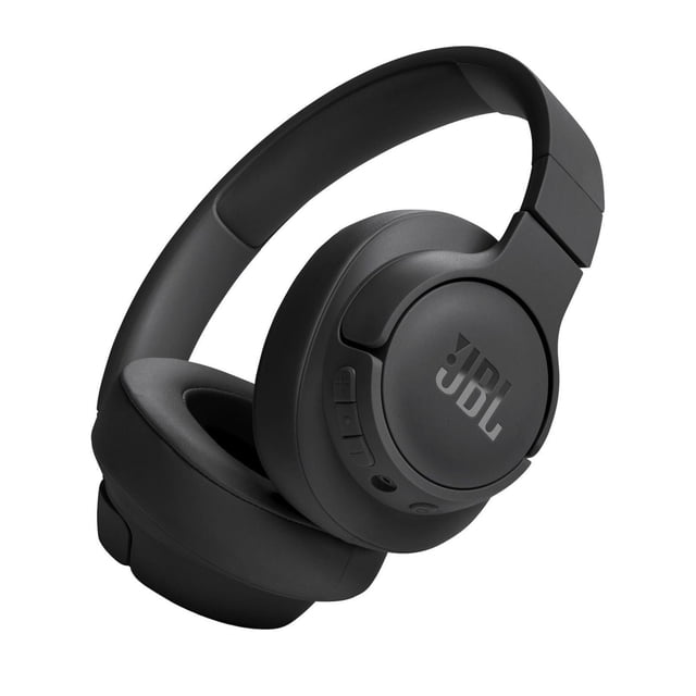 JBL TUNE 720BT wireless over-ear headphones in matte black with padded headband and ear cushions, featuring JBL logo on earcup, Bluetooth 5.3 technology, integrated button controls, foldable design, and long battery life suitable for extended listening sessions.