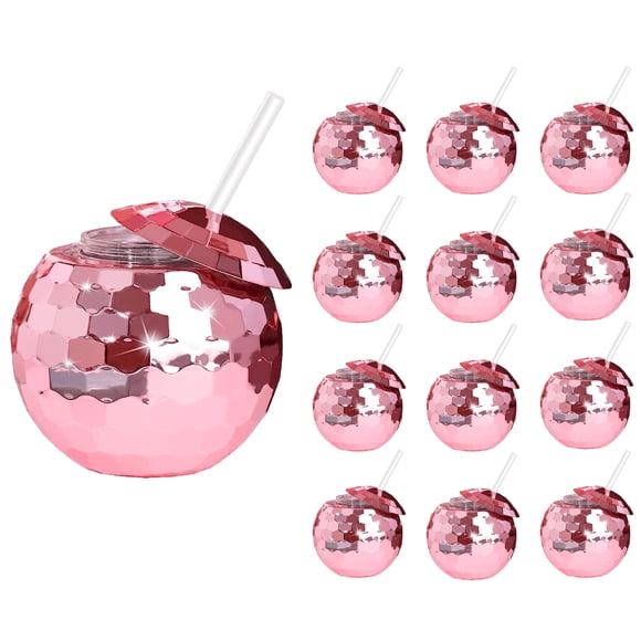JUNWELL 12 PCS Disco Ball Cups  20Oz Disco Party Cups with Lid and Reusable Straw Flash Ball Cocktail Cup for Party Nightclub Bar Supplies Wine Drinking Syrup Tea Bottle (Rose Gold)