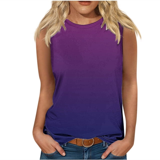 Plebaso Débardeurs pour Femmes 2025 Sans Manches Col Rond T-Shirts Décontractés Imprimé Dégradé Blouses d'Été