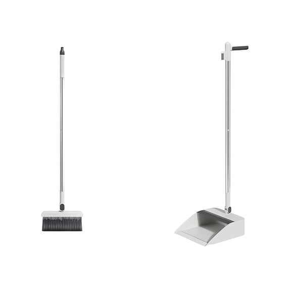 Dustpan and Brush Set with Rotating 180-Degree Adjustable Floor Brush, Foldable Extended Handle, Self-Cleaning Teeth, White Plastic, 38.18 in L x 10.23 in W