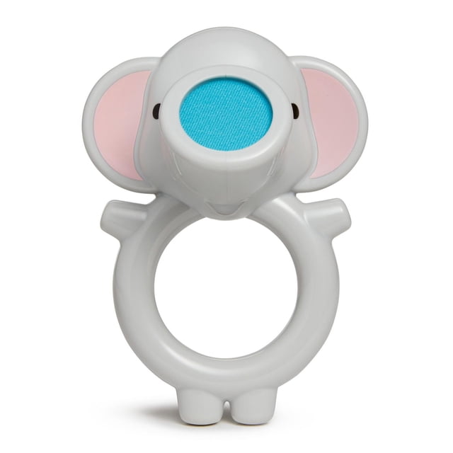 Munchkin Bubble Bestie Elephant Bubbler Bath Toy, a white elephant-shaped ring with pink inner ears and a blue mesh trunk for blowing bubbles, designed for toddler bath play and hand-eye coordination without batteries.