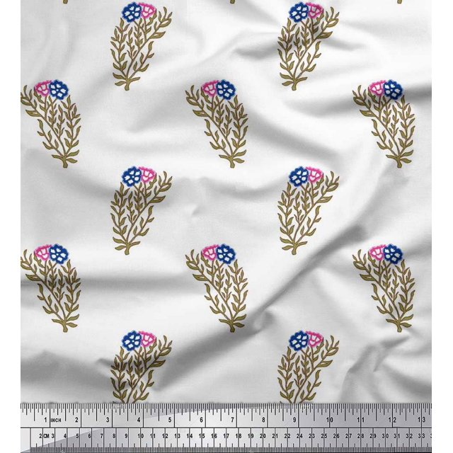 Soimoi Rayon Fabric Leaves & Floral Block Printed Fabric 1 Yard 42 Inch Wide