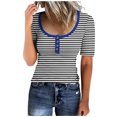 thumbnail image 1 of Birdeem Mode Blouses Imprimées Rayées pour Femmes T-Shirt à Boutons Manches Courtes Col Rond, 1 of 9
