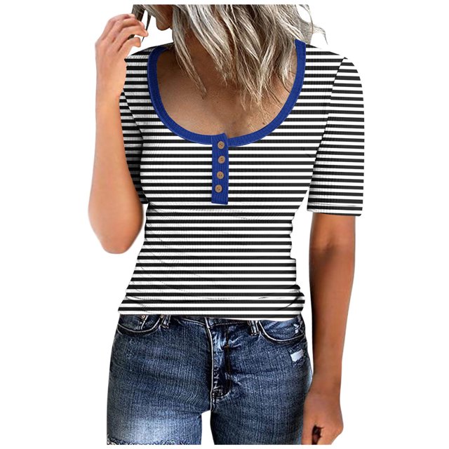 Birdeem Mode Blouses Imprimées Rayées pour Femmes T-Shirt à Boutons Manches Courtes Col Rond